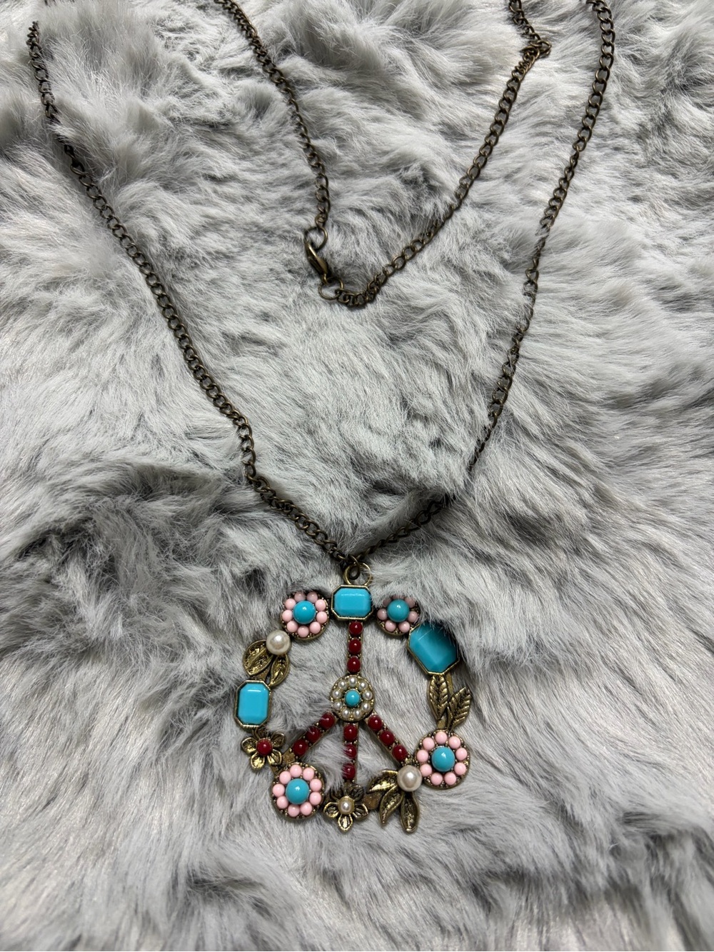 Boho Peace Sign Pendant Necklace in Turquoise & Pink -